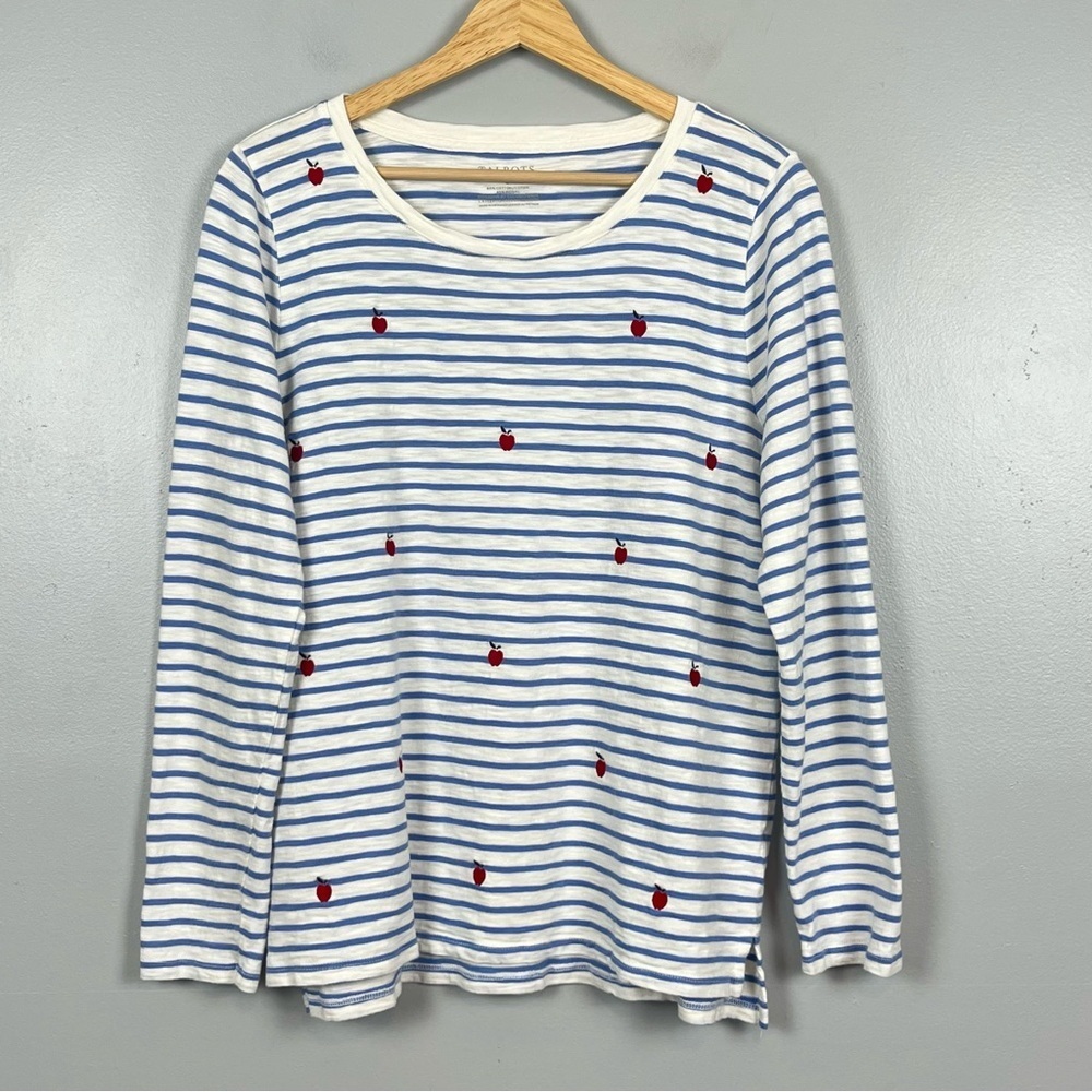 Talbots cotton modal blue white stripe apple embroidered long sleeve tee, large.